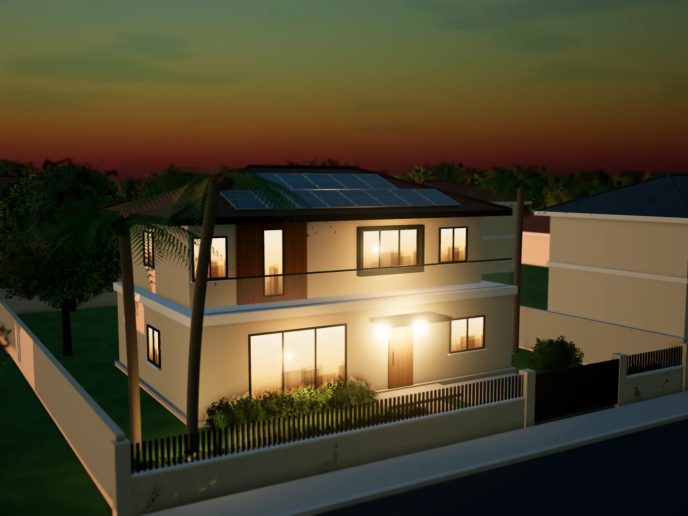 Illustrative render of a home with rooftop solar panels at dusk