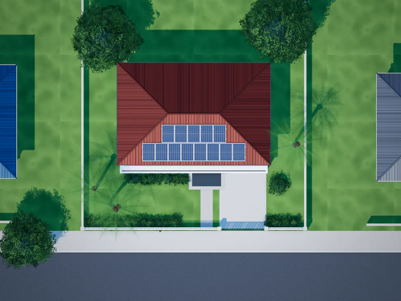 Illustrative top-down render of a roof with a solar panel layout