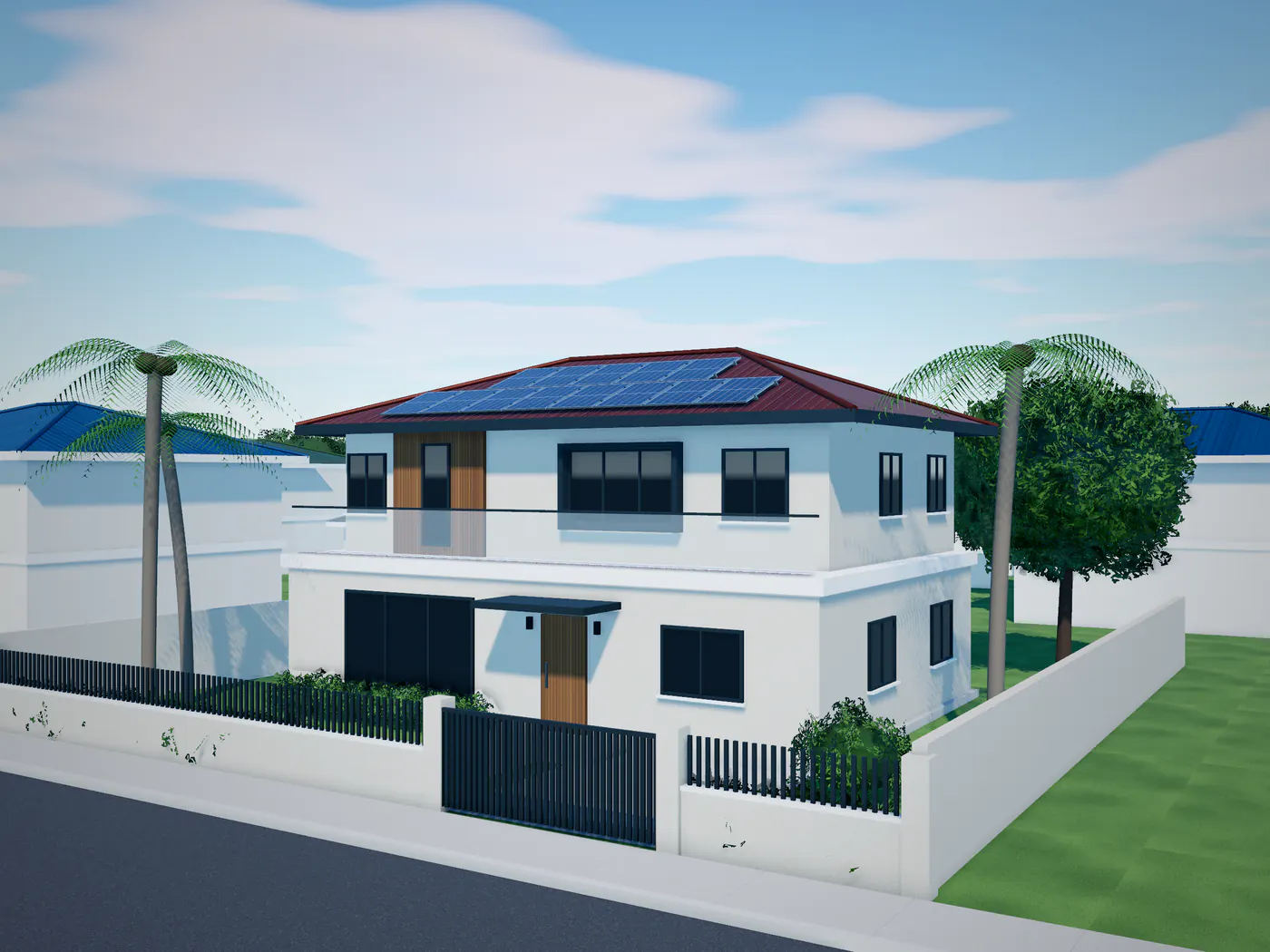 Illustrative render of a two-storey home with rooftop solar seen from the street