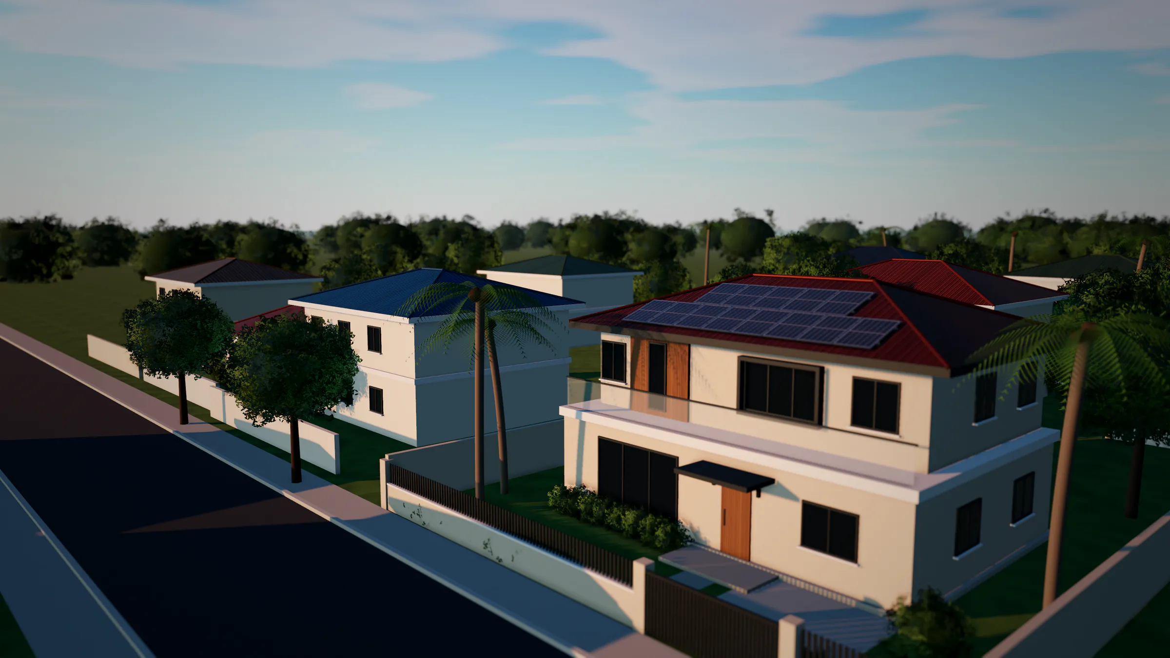 Illustrative render of a two-storey home with solar panels on its roof at golden hour