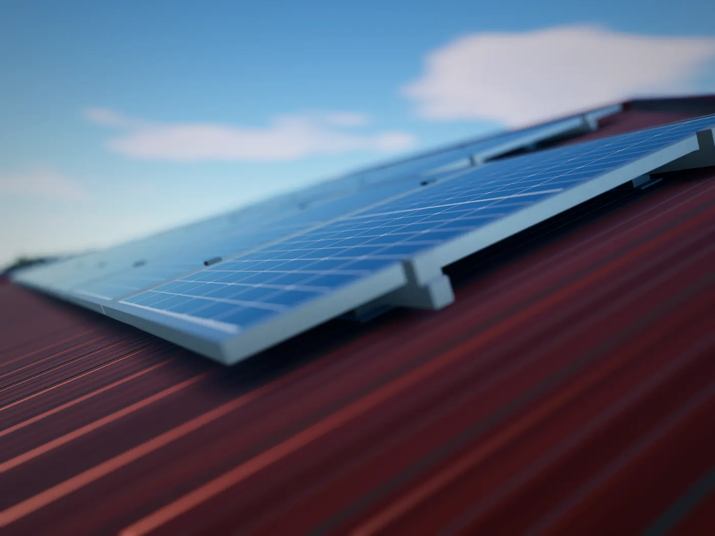 Illustrative render of solar panels mounted on rails over a ribbed metal roof